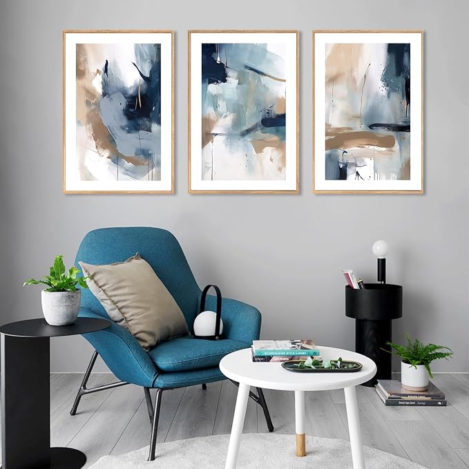 LHIUEM Large Abstract Navy Blue Framed Canvas Wall Art,Neutral Brush Stroke Wall Decor,Modern Pastel Brown Wall Painting,Minimalist Shapes Artwork for Living Room,Bedroom,Office- 16"x24"x3