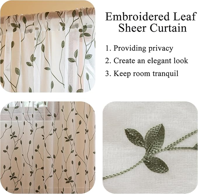 AmHoo 2 Panels Embroidered Leaf Pattern Semi Sheer Curtains Foliage Floral Voile Window Draperies Treatment for Bedroom Living Room Rod Pocket White Sage Green 53 x 95 Inch