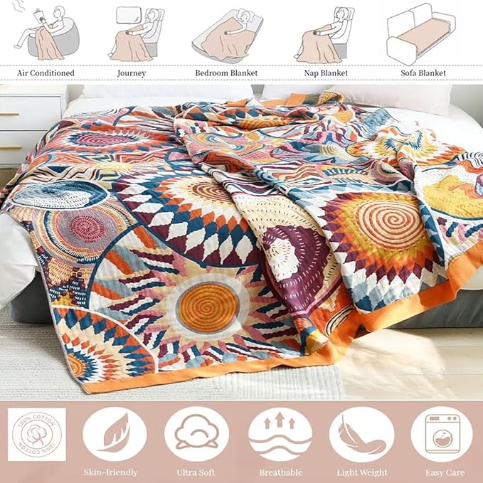 Boho Throw Blanket for Bed 100% Cotton Bohemian Blankets Ultra Soft Woven Muslin Decorative Blankets All Seasons Vintage Quilt Knitted Blanket for Sofa Chair (Colorful, 60"x80")