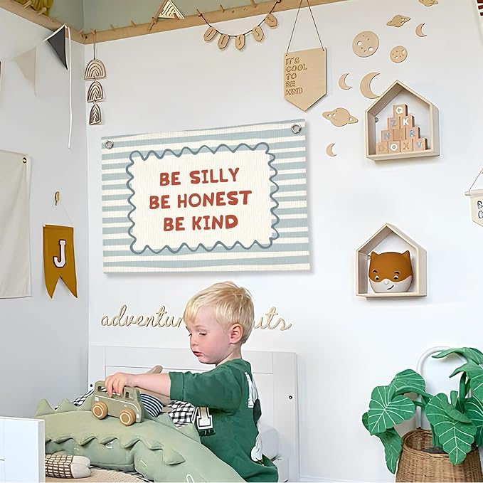 Inspirational Wall Art Banner for Toddler Room Decor, Be Silly Honest Kind, Boy Nursery Decor Boho Retro Wall Hanging Canvas Banner, Classroom Decor for Kids Nursery Toddler Room Bedroom Playroom, 30x20 Inch