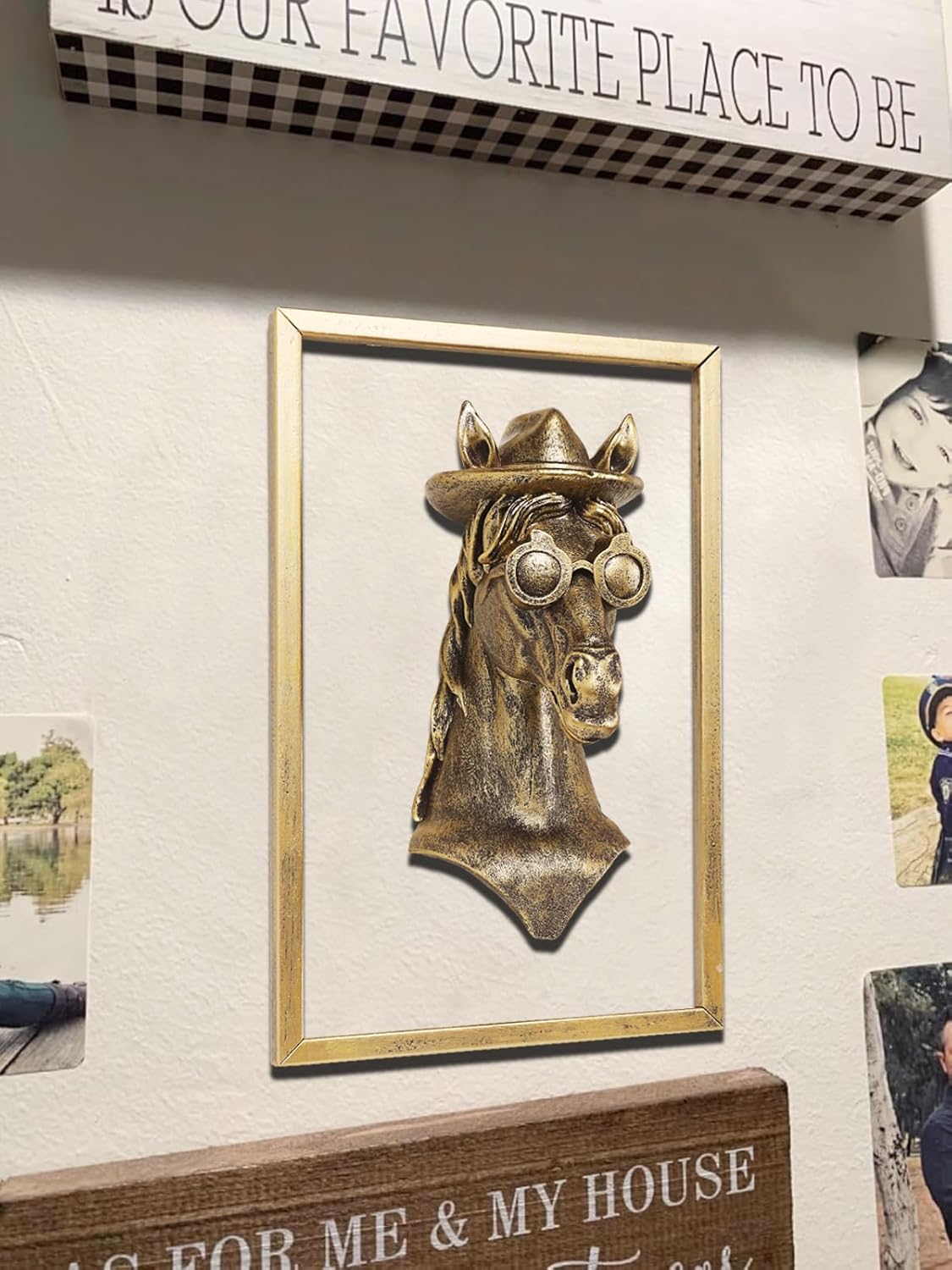 Animal Heads Wall Decor (Includes Metal Frame) Resin Animals Sculptures Head Wall Hanging Decoration Gold vintage Wall Sculpture for Living Room Bedroom Office(Horse)