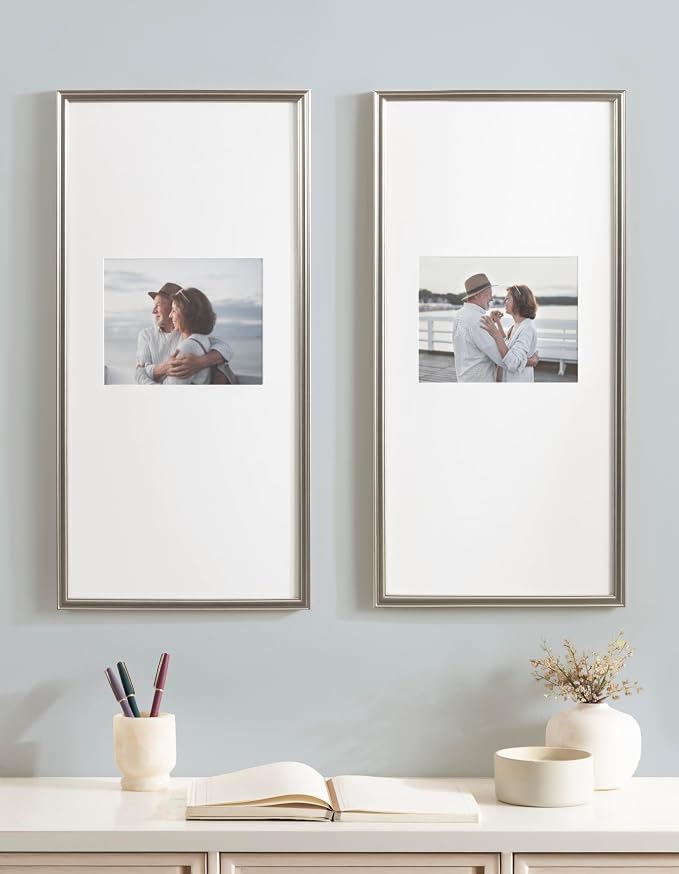 Kate and Laurel Adlynn Rectangular Panel Picture Frame Set of 2, 14 x 30 matted to 8 x 10, Silver, Modern Two-Piece Photo Frame Set for Gallery Wall Decor in Living Room Wall Display