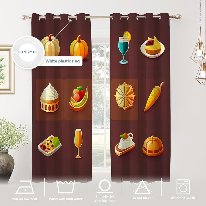 Shrahala Happy Thanksgiving Day Thermal Insulated Blackout Window Curtains, Pumpkin Turkey Bird Leaves Long Drapes for Bedroom/Living Room with Plastic Grommet, 52X63 Set of 2