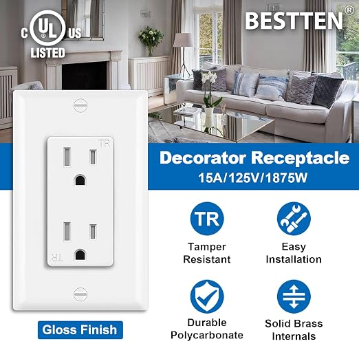 BESTTEN 15 Amp Tamper-Resistant Decor Receptacle Outlet, Residential and Commercial Use, Wallplate Included, 15A/125V/1875W, UL Listed, 10 Pack, White