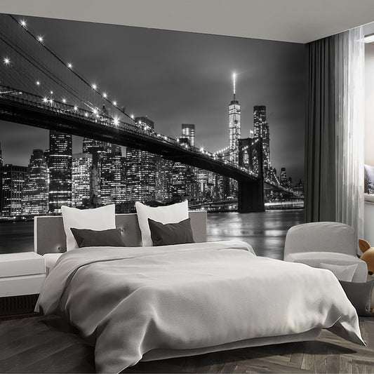 Gray Brooklyn Bridge at Night NYC Wall murals New York Peel and Stick Wallpaper for Bedroom Living Room - 96"x137"
