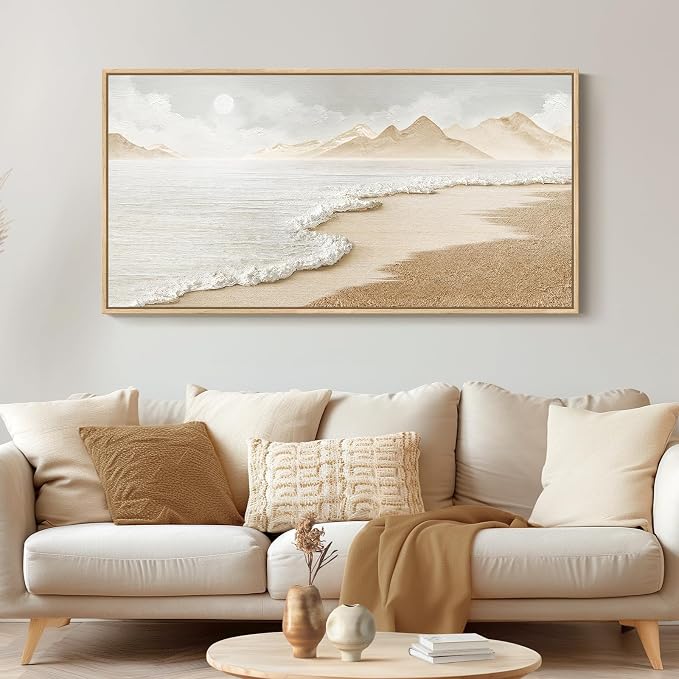Framed Neutral Coastal Beach Wall Art for Living Room, Large Boho Ocean Canvas Artworks for Walls, Horizontal Abstract Minimalist Coastal Art Print for Bedroom Kitchen Office Wall Decor, 24x48 Inch