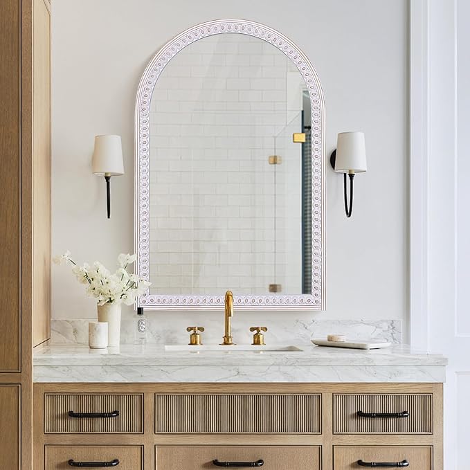 36x24 Inch Arched Mirror for Wall Decor, Wooden Arched Bathroom Mirrors | Subtle Bead Look Border Brings Boho Warmth to Powder Rooms, Bedrooms, Living Areas, Apartments, Entryway, and Cozy Halls