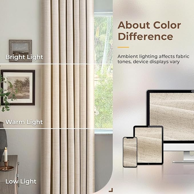 INOVADAY 100% Blackout Curtains for Bedroom, Cream Black Out Curtains 120 Inch Long, Clip Rings Linen Blackout Drapes, Thermal Insulated Room Darkening for Living Room, 2 Panels - W50xL120