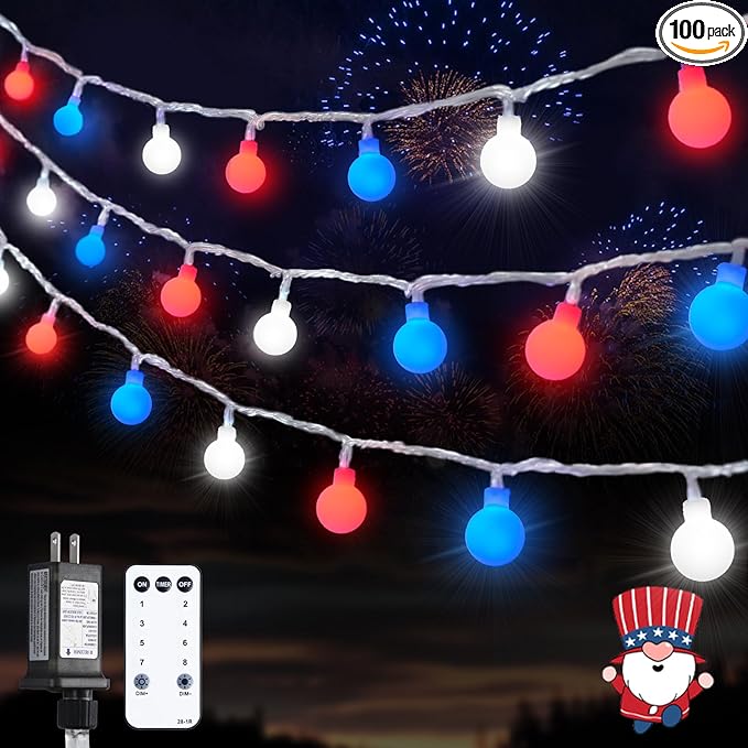 JMEXSUSS Connectable 33ft 100 LED Red White and Blue Lights Indoor Outdoor | 4th of July Decorations Light Plug in, 8 Modes Globe String Lights with Remote for Independence Day Party Patriotic Decor