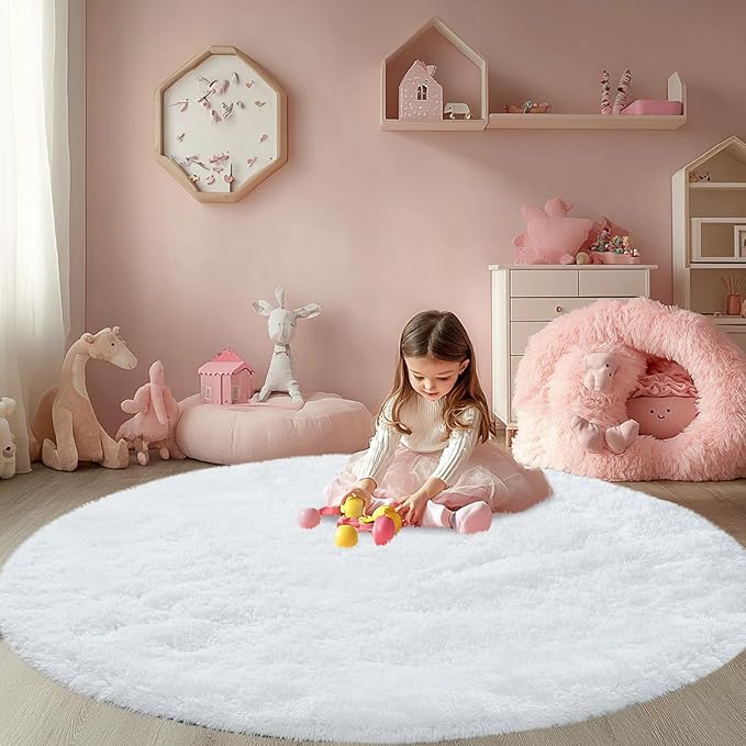 Round Fluffy White Rug 4x4ft: Ultra Soft Furry Girls Bedroom Carpet- Oval Plush Rug for Girls Room & Kids Room, Nursery (4ft, White)