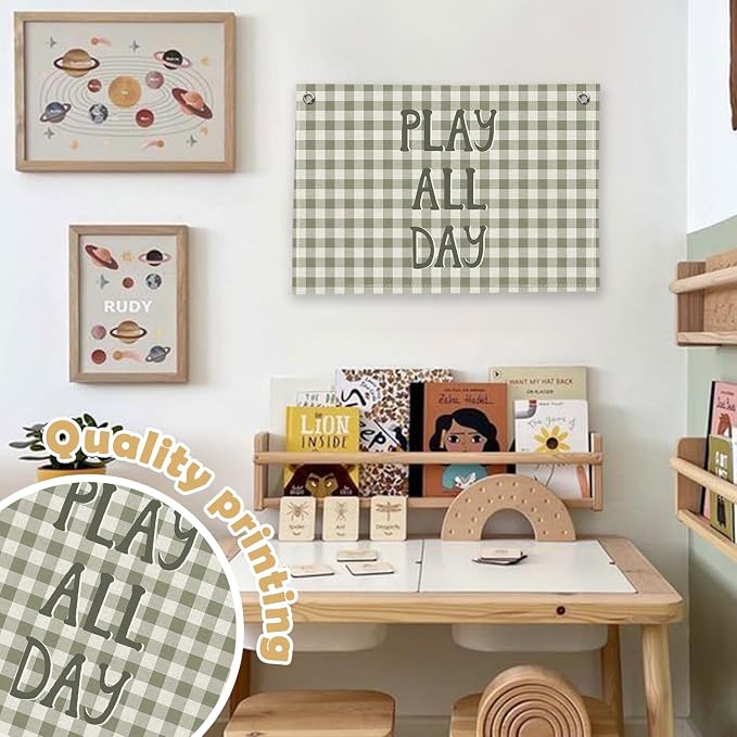 RTXLEZM Kids Playroom Decor, Play All Day Canvas Banner Wall Hanging, Retro Boho Sage Green Plaid Wall Art Prints for Baby Toddler Boys Nursery Room Bedroom Playroom Decor, 20x30 Inch