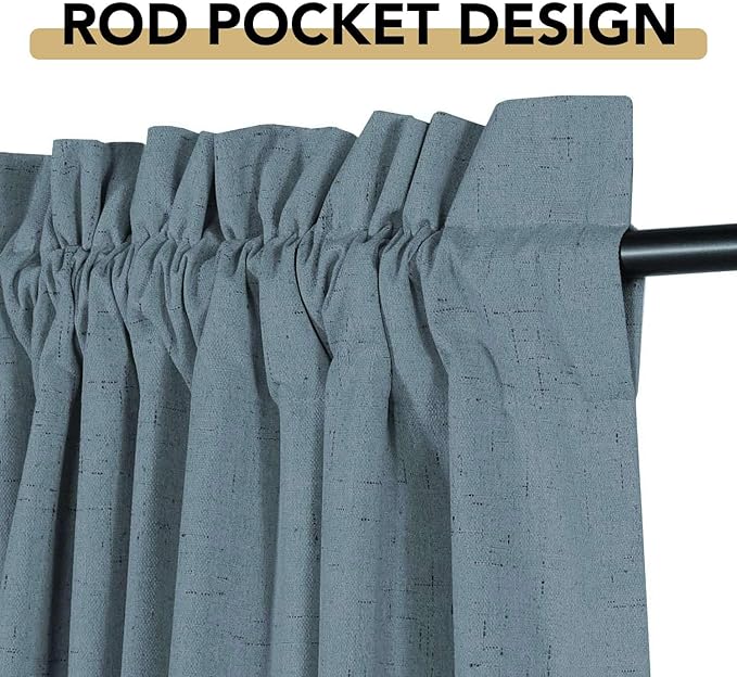 H.VERSAILTEX Linen Look 100% Blackout Curtains 95 Inches Long for Bedroom Full Light Blocking Rod Pocket Linen Textured Thick Window Curtain Drapes with White Backing, Stone Blue, 2 Panels