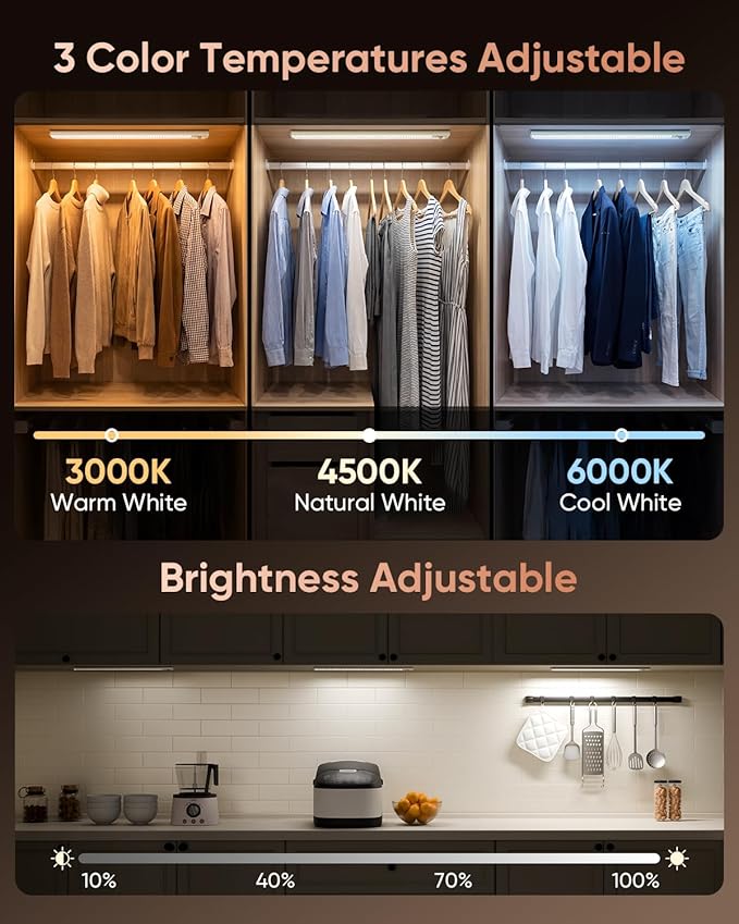 16inch Under Cabinet Lighting, 216LED Motion Sensor Light Indoor, Rechargeable Closet Lights, 3 Color Temps, Dimmable, Wireless Under Counter Lights for Kitchen, Stairs, Pantry, 4 Pack