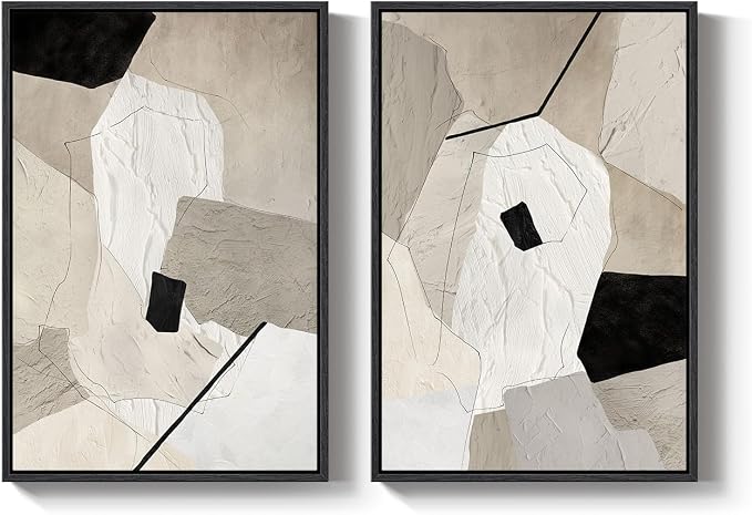 Framed Neutral Beige and Black Abstract Wall Art for Living Room, Set of 2 Modern Minimalist Canvas Artwork for Walls, Large Geometric Pictures Prints for Bedroom Office Hallway Wall Decor, 24x36 Inch