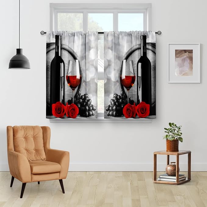 Red Rose and Wine Kitchen Curtains - Rustic Romantic Valentine Farmhouse Girls Women Short Tier Cafe Curtains Decor for Dining Room Art Country Rod Pocket Window Drapes 45 Inch Length 2 Panels Set
