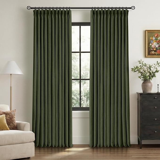 CAPALOCA Pinch Pleated Blackout Curtains 108 Inches Long, Linen Blend, 100% Blackout Drapes with 20 Hooks, Ideal for Bedroom and Living Room, 40" W x 108" L (Pack of 2), Loden Green