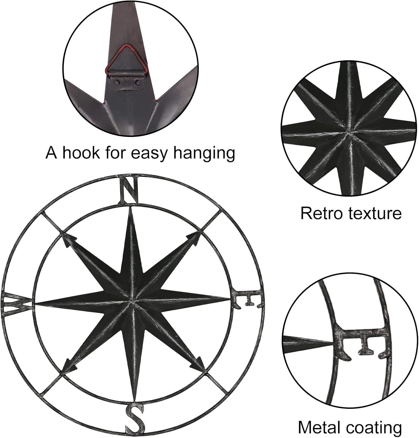 aboxoo Round Metal Compass Decorative Compass Metal Wall Art Hanging Wall Sculpture 22.8 Inch Black Diameter Farmhouse Decor Indoor or Outdoor Sign