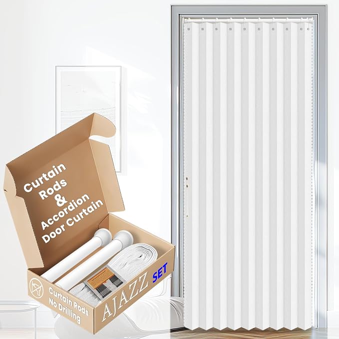 AJAZZ Set: Curtain Rods No Drilling (28-39" W Adjustable Range) & Accordion Door Curtain, White 42W×78" L, Accordion Doors for Closet Doorway Room Divider