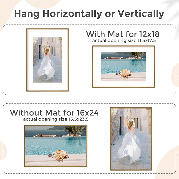 FLYJOE 16x24 Frame | 16x24 Poster Frame With Mat For 12x18 | Metal Aluminum Picture Frame With Tempered Glass | Minimalist Modern Poster Frame | Hanging Hardware Included | Bronze
