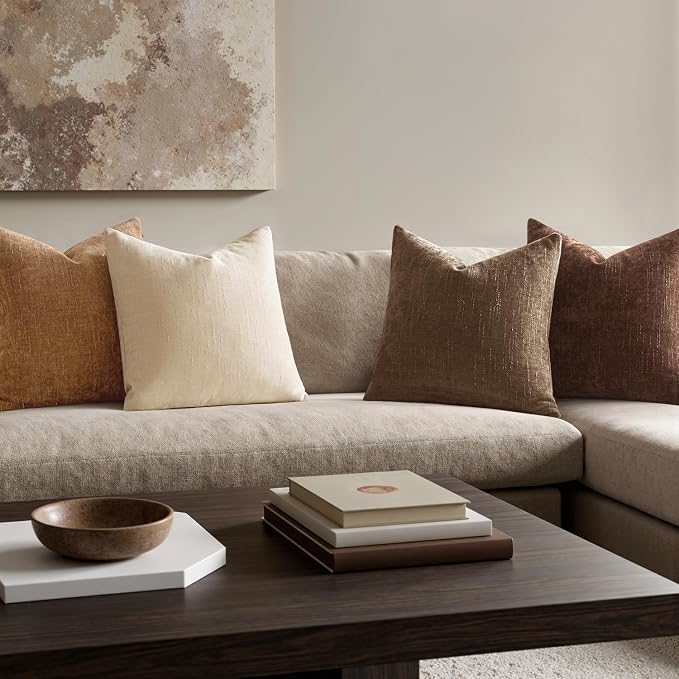 MIULEE Pack of 4 Fall Decorative Throw Pillow Covers 22x22 Inch Chenille Textured Throw Pillows Boho Farmhouse Rustic Cushion Covers Vintage Home Decor for Couch Sofa Bed Living Room，Dark Brown