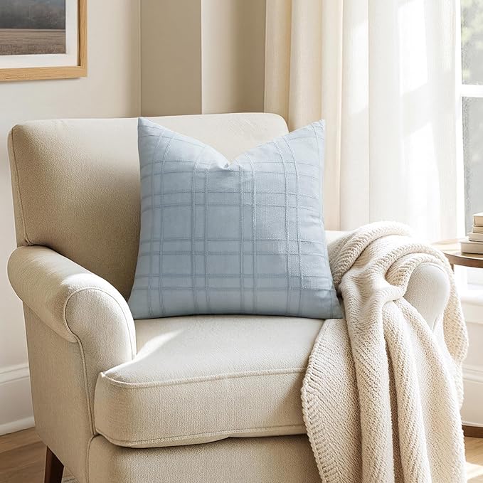 MIULEE Decorative Linen Check Throw Pillow Covers Neutral Farmhouse Vintage Pillow Covers 20x20 Set of 2 Boho Modern Home Decor for Sofa Couch Bedroom Cushion Coastal Blue