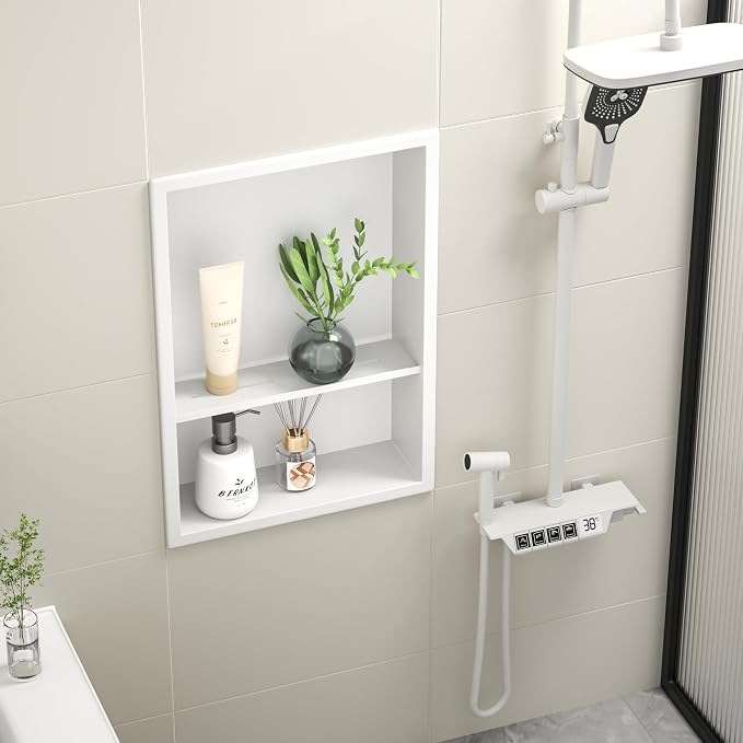 Stainless Steel Shower Niche 18" X 12" White with 2-Tiers Shelf No Tile Needed Niche Shower for Bathroom Storage Recessed Wall Niches Over Mount Installation