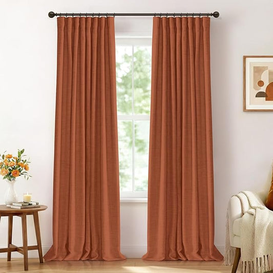 100% Blackout Shield Full Blackout Curtains for Bedroom 72 inch Length 2 Panels Set, Clip Rings/Rod Pocket Faux Linen Black Out Curtains for Living Room, Thermal Insulated, 50Wx72L, Burnt Orange