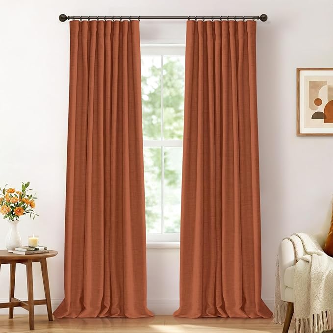 100% Blackout Shield Full Blackout Curtains for Bedroom 84 inch Length 2 Panels Set, Clip Rings/Rod Pocket Faux Linen Black Out Curtains for Living Room, Thermal Insulated, 50Wx84L, Burnt Orange