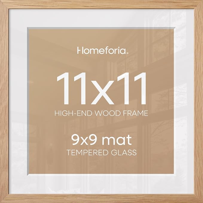Homeforia 11x11 Picture Frame Wood, High-End Natural Oak 11 x 11 Thin Square Poster Frames with Mat 9 by 9 inch Photo, 11by11 Light Wooden Frame Matted to 9x9 Print, Tempered Glass, Wall Kit, Set of 1