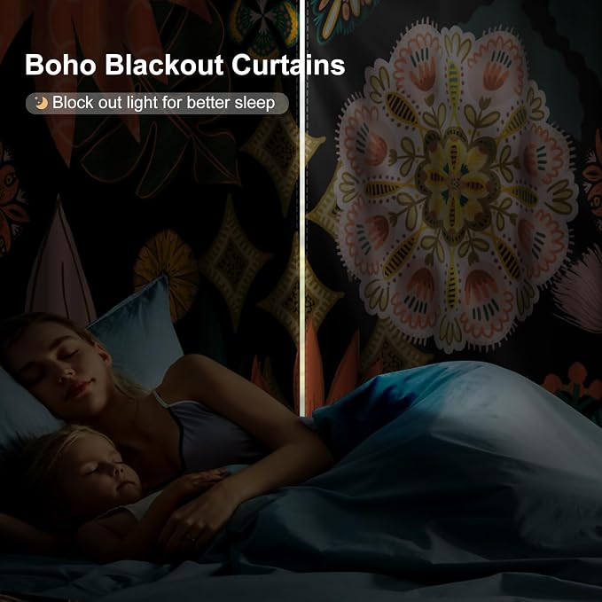 Boho Blackout Curtains 84 Inch Length 2 Panels Set, Farmhouse Floral Black Out Curtains 84 Inch Long with Tiebacks, Room Darkening Thermal Soundproof Bohemian Curtains for Bedroom and Living Room
