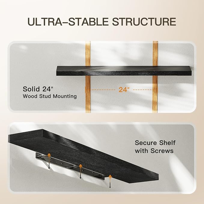 AMADA HOMEFURNISHING Floating Shelves Wall Mounted, 47 x 8 Inch Wall Shelves for Bathroom, Bedroom, Living Room, Black Shelves Set of 2