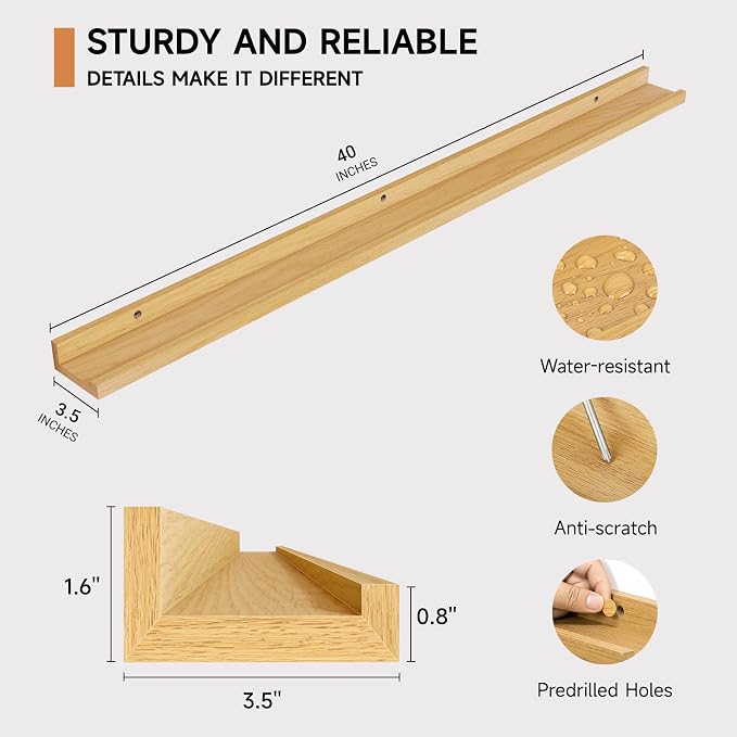 Fun Memories Picture Ledge Shelf, 40 Inch Floating Shelves Set of 2, Large Nursery Book Shelves for Toys Storage, Kids Bookshelf Wall Mounted for Wall Decor Books Photo Frames, Oak