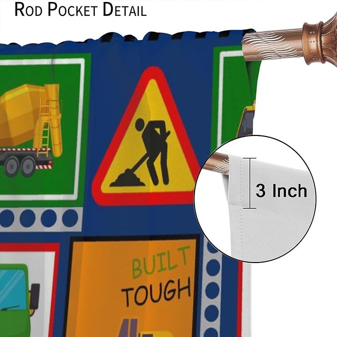 Kids Construction Blackout Curtain,Equipment Trucks Cartoon Car Vehicles Green Plaid Window Curtains Dining Room Living Room Kitchen Cafe Bedroom Office Nursery Drapes,42x63 in