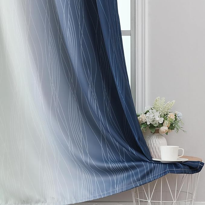 Estelar Textiler Navy Blue and Sage Green Blackout Curtains 54 Inches Long, Full Light Blocking Gradient Grommet Drapes, Thermal Insulated Ombre Curtains for Bedroom, 42Wx54L, 2 Panels