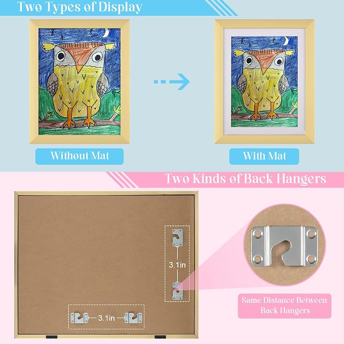[2Pack] Kids Art Frames, 11x14 Front Opening Kids Artwork Frames Changeable, Gold Artwork Display Storage Frame for Wall, Holds 50 Pcs, for 3D Picture, Crafts, Children Drawing, Hanging Art, Portfolio