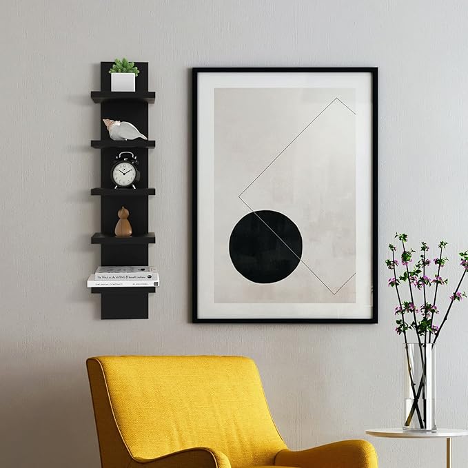 Homaterial 5 Tier Shelvesl, Vertical Column Wall Decor Mount Floating Shelves for Bedrooms, Living Rooms, Natural Finish Wall Shelf, Black