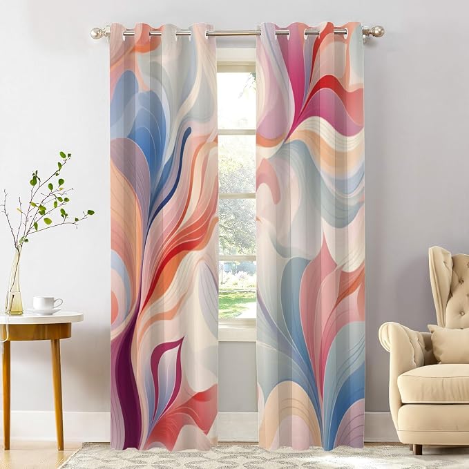 Shrahala Colorful Waves Thermal Insulated Blackout Window Curtains, Fluid Abstract Pattern Long Drapes for Bedroom/Living Room with Plastic Grommet, 52X84 Set of 2