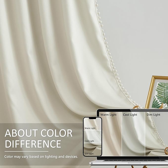 Treatmentex Pom Pom Curtains for Bedroom Windows 90 inch Energy Efficient Thermal Insulated Living Room Darkening Curtain Panels for Kitchen Nursery Room Ivory 52" w x2 Panels Rod Pocket
