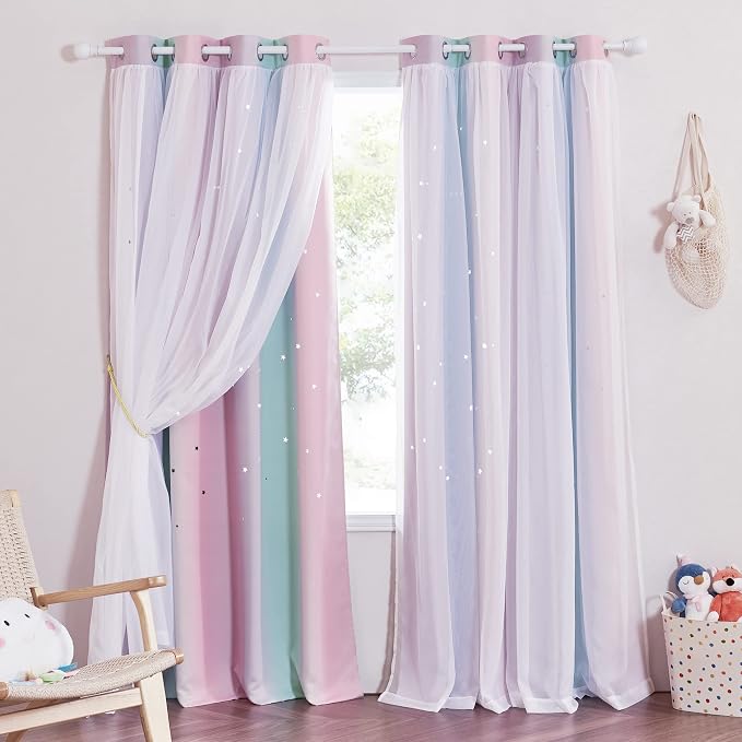 NICETOWN Blackout Curtains - Nursery Stars Cutout Decor for Bedroom Window Double Layer Drapes Sheer Overlay, Ombre Curtains for Living Room, 52 x 90 Inch, 2 Panels, Purple & Blue & Pink
