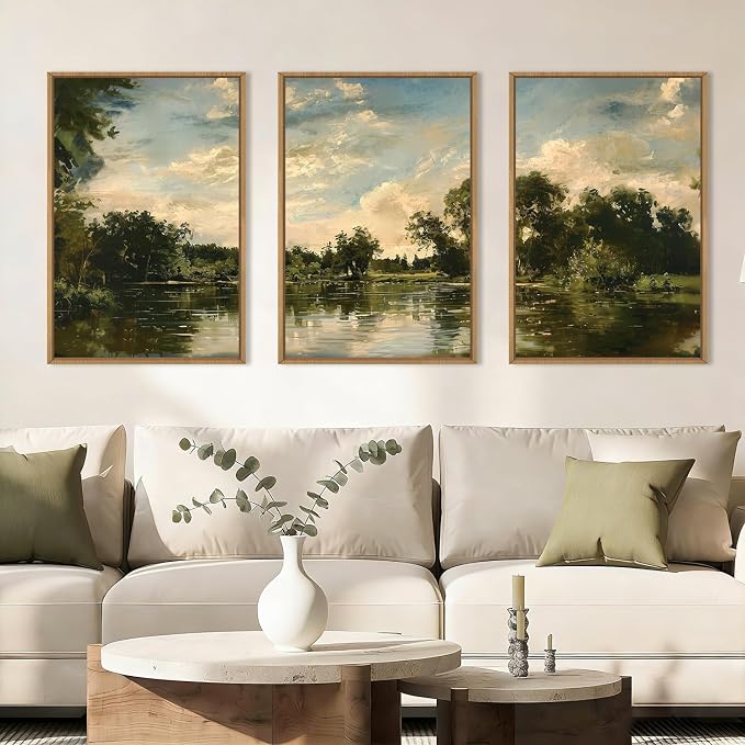 Vintage Landscape Framed Canvas Wall Art Set,Rustic Natural Green Trees and Lake Wall Decor,Classic Nature Scenic French Country Forest Artwork for Living Room,Bedroom,Farmhouse-16 x24 x3
