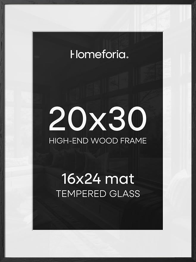 Homeforia 20x30 Black Wood Frame, High End Oak 20x30 Wooden Picture Frames with Mat 16x24 Photo, 20 x 30 Poster Frame Matted to 16 by 24 Print, 30x20 Hanging Frames, Tempered Glass, Wall Kit, Set of 2