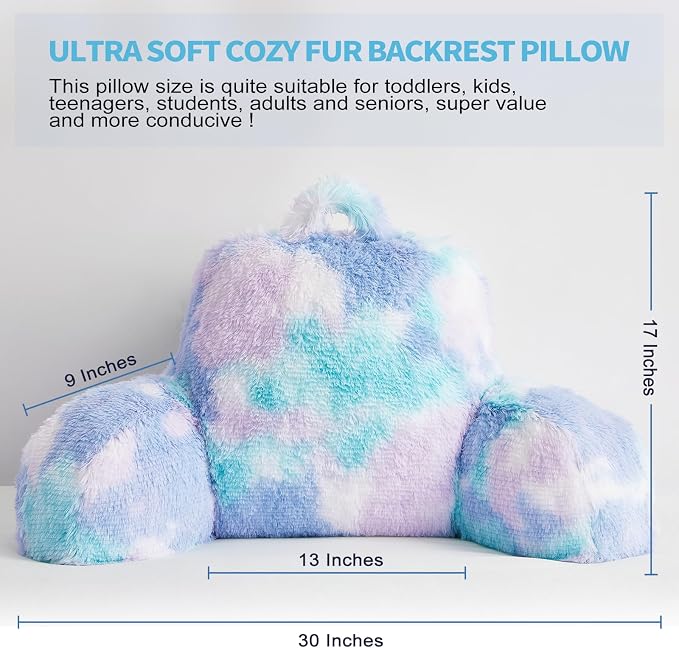Stylish Ross Fur Adults & Kids Reading Pillow, Cozy Soft Bed Wedge Pillow with Premium Stuffing, Pastel Back Support Pillow Gift, Sit up Bolster Pillow with Arms, Bed Chair Back Cushion