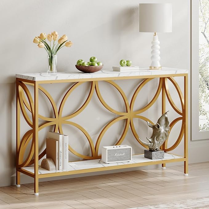GiftGo Narrow Sofa Table 47.2 Inch, Industrial Sofa Table Behind Couch, Vintage Entry Console Table with Storage for Entryway, Living Room, Foyer, Elegant Design (White and Gold, 47.2)