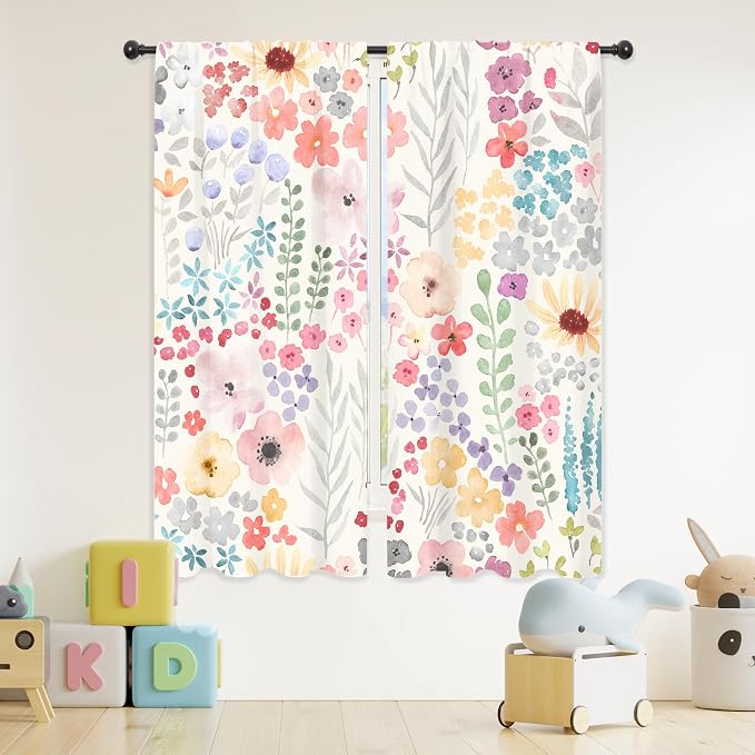 Riyidecor Colorful Floral Curtains Boho Pink Wildflower Flower Cute Trendy Plant Leaves Botanical Rod Pocket Pretty Aesthetic for Girls Bedroom Living Room Treatment Fabric 2 Panels 29Wx63H Inch