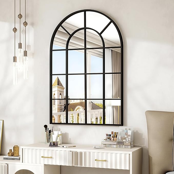 30"×40" Windowpane Arched Wall Mirror, Grid-Designed Decorative Farmhouse Wall Mounted Mirror with Metal Frame Hanging Leaning for Entryway, Living Room, Home Decor, Black