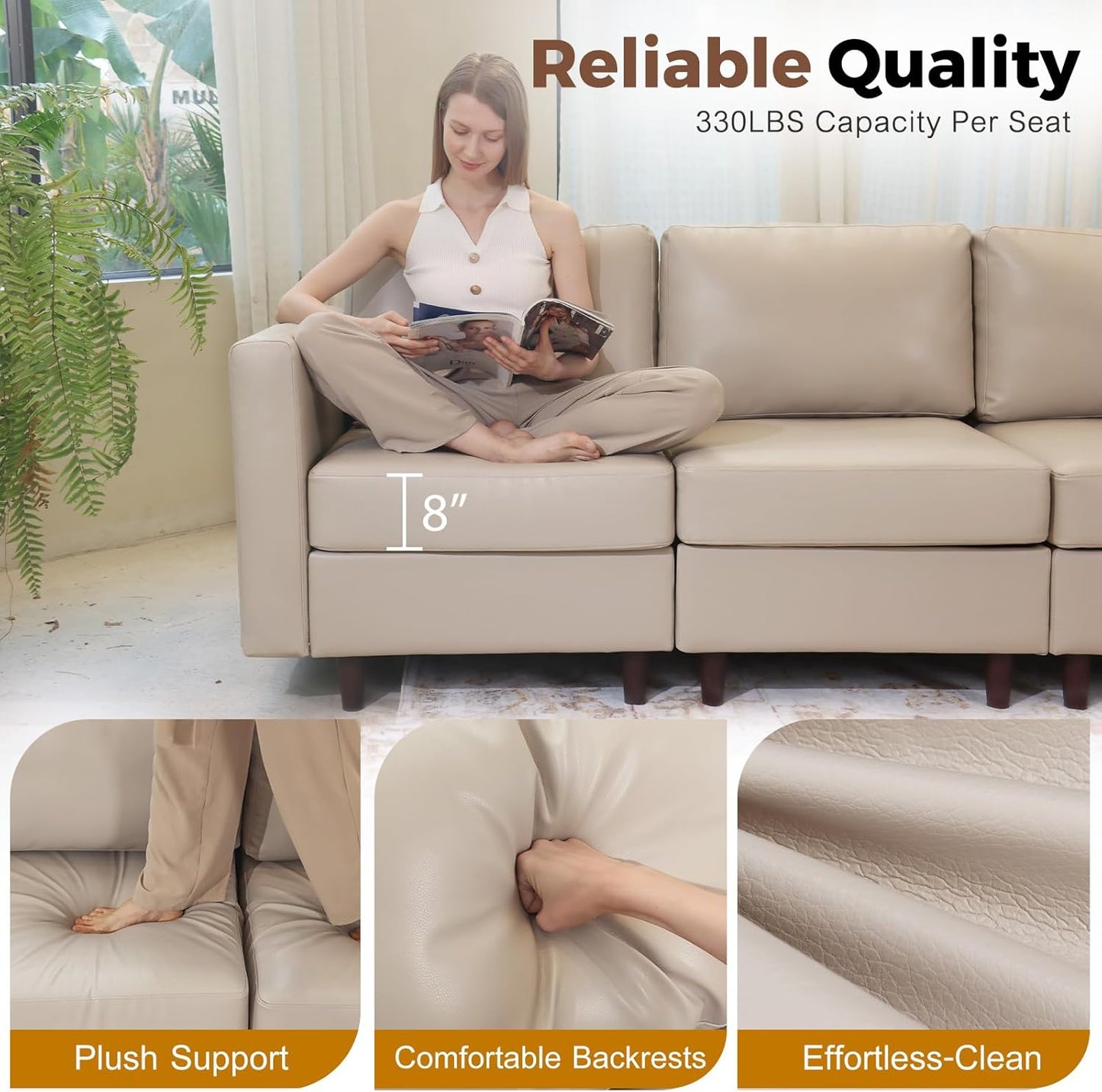 118.5" Faux Leather Modular Sectional Convertible Sofa, L Shaped Couch Set for Living Room, Large 8-Seater Comfy Cloud Couches with Movable Storage Ottoman DIY Combination - Whitesand