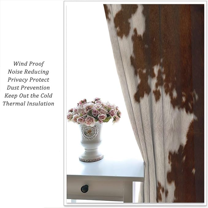 Cow Print Blackout Curtain, Animal Fur Brown Cowhide Western Farm Style Window Treatments Rod Pocket Curtain for Bedroom Living Room Kitchen Decor Drapes 42x45in