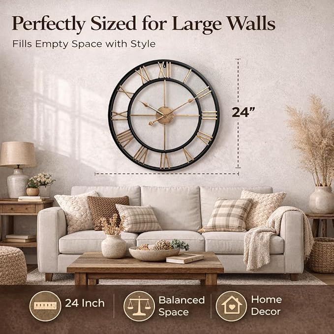 Pytha Sight 24 Inch Large Oversized Farmhouse Modern Decorative Wall Clock for Living Room,Industrial Big Vintage Gold Roman Numerals Metal Round Wall Clocks for Kitchen,Dining Room,Office