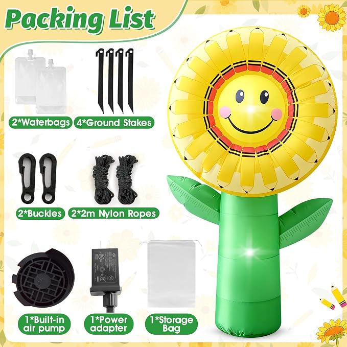 5FT Back to School Inflatable Outdoor Decorations Sunflower Pencil Blow Up Built-in 2 LED Lights Smiley Flower Welcome Yard Decor for First Day of School Kindergarten Preschool Photo Props