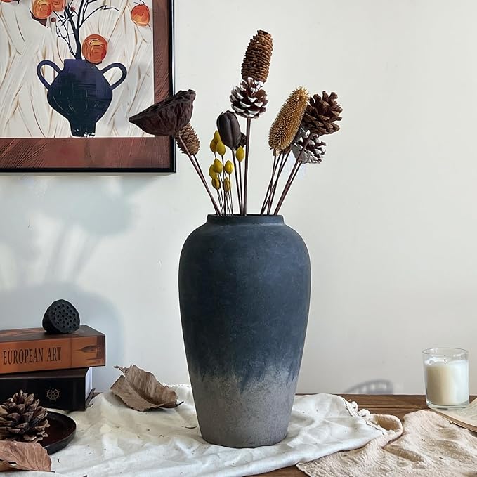 Ceramic Rustic Farmhouse Vase, 12 Inch Black Handmade Pottery Flower Vase for Home Decor, Rustic Living Room Decor, Wedding Gifts, Shelf & Table Decoration